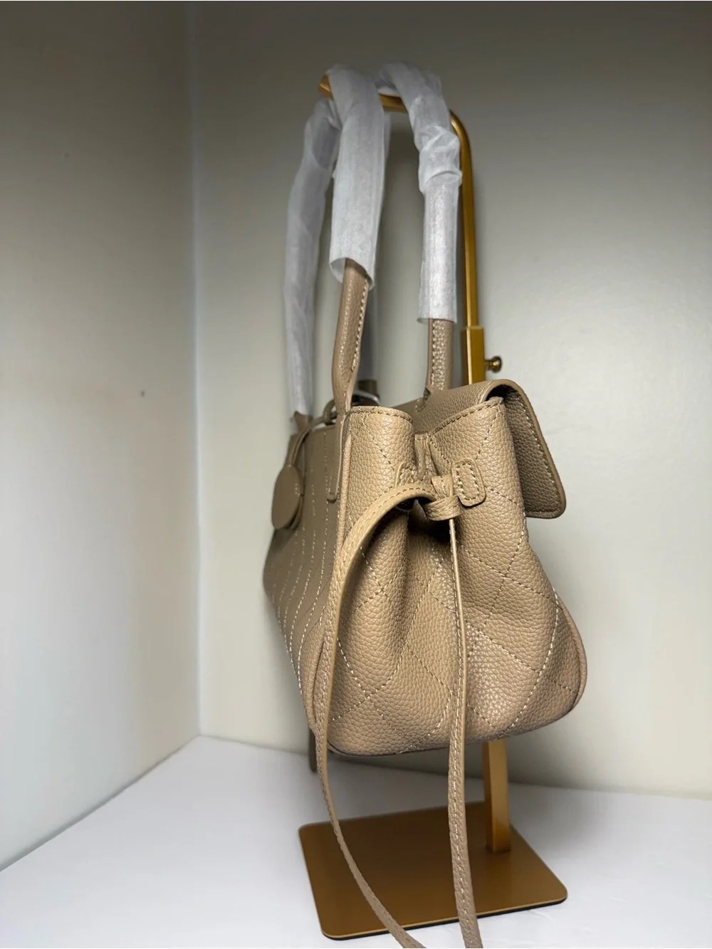 Taupe Quilted Shoulder Bag with Top Handle